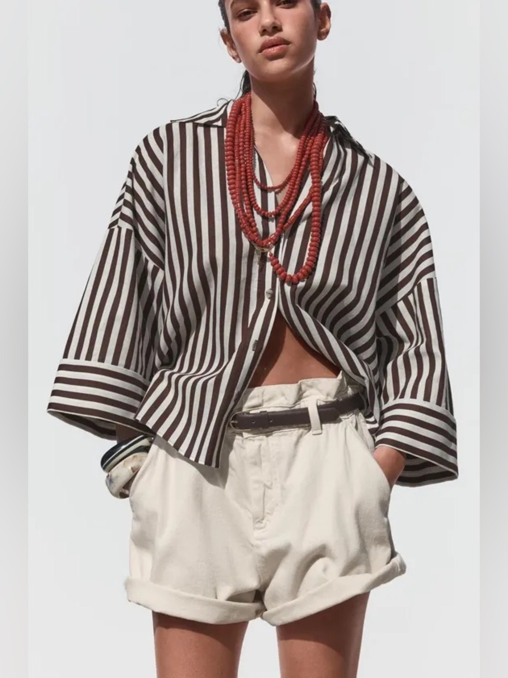 Zara Striped Brown and White Boxy Button-Up Shirt - Women